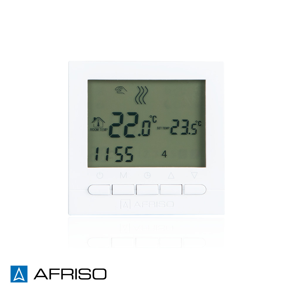 Mit dem passenden Raumthermostat RT 10 D 230 lässt sich das AFRISO System optimal steuern: Zeitprogramme können eingestellt werden, zudem kann zentral zwischen Heizen und Kühlen umgeschaltet werden.