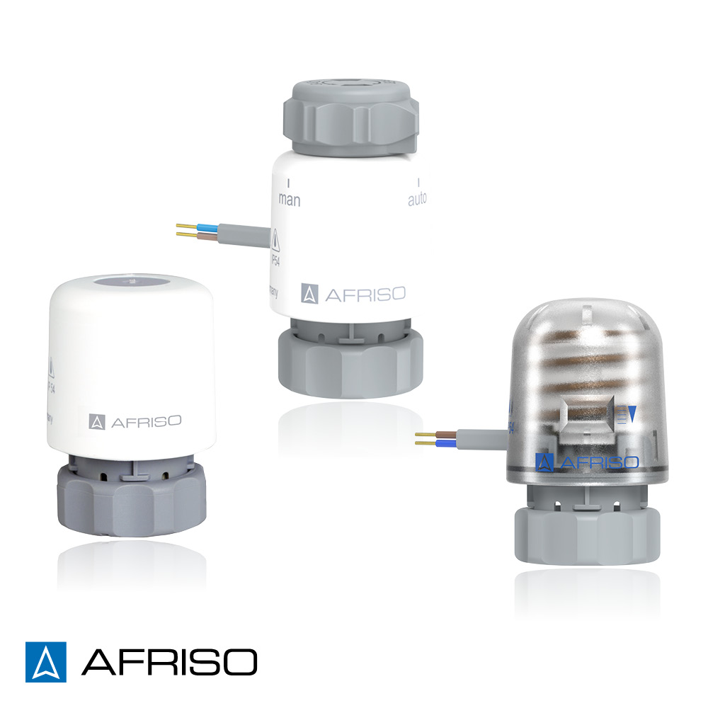 Je nach Anforderung der Anlage können verschiedene AFRISO Stellantriebe eingesetzt werden: TSA-01 für sehr beengte Einbaubedingungen, TSA-02 mit klassischer Stellungsanzeige über ausfahrenden grauen Stößel an der Haube oder TSA-02-FO mit First-Open-Funktion. Alle wahlweise als 230-V- oder 24-V-Ausführung.