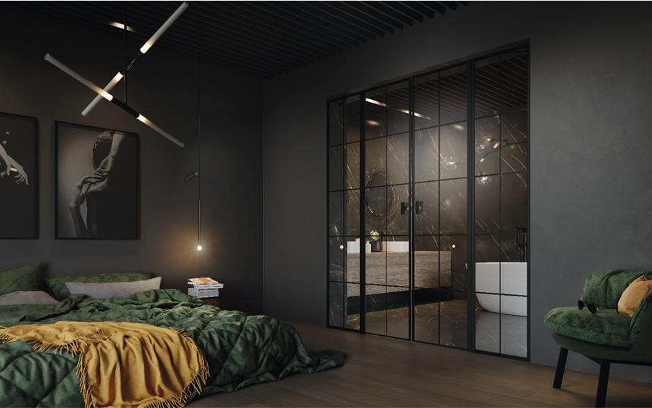 GLASTÜREN - ODER Nischenlösung Nr. 7 Schwarz matt Loft-Look Rahmen mit Sprossen