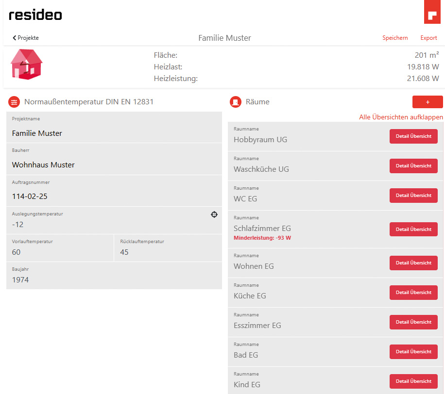 Abb. 3 Beispielhafter Screenshot aus der Heizlast-App