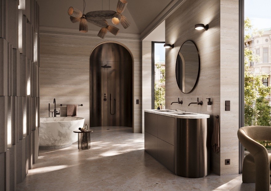 Dornbracht und Jung präsentieren im Showroom ein gemeinsames Oberflächen-Portfolio, bestehend aus sechs abgestimmten Veredelungen – darunter auch Dark Bronze gebürstet. Copyright: Dornbracht