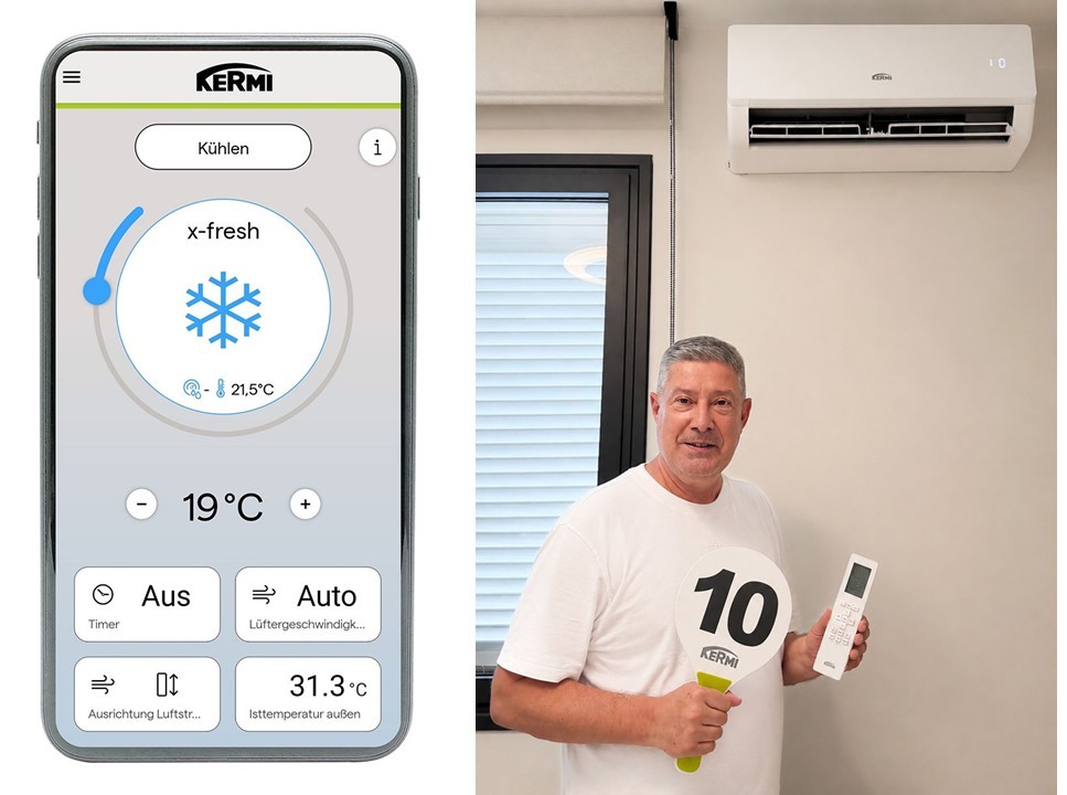 Für die Klimatisierung der Gästezimmer lassen sich die x-fresh Klimageräte wahlweise per x-center App über das Smartphone (Bild links) oder über die serienmäßige Infrarot-Fernbedienung (im Bild rechts zu sehen) steuern. Betriebsmodus, Solltemperatur, Lüftergeschwindigkeit, Luftstrom und Timerfunktionen können individuell eingestellt werden. Joachim Llambi: „Im Praxistest hat mich das x- fresh Multi Split System durch seine zuverlässige Leistung, die einfache Bedienung und den hohen Komfort überzeugt.“ Bild: Kermi GmbH