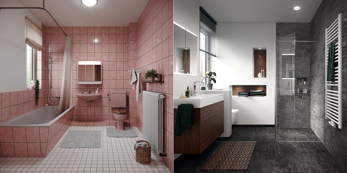 Aus einem Bad mit Barrieren aus den 70er Jahren wird dank TECEprofil ein modernes Badezimmer. Durch die integrierte Technik in der Vorwand lassen sich bei der Neugestaltung die einzelnen Funktionsbereiche beliebig neu anordnen.   Bildquelle: TECE GmbH