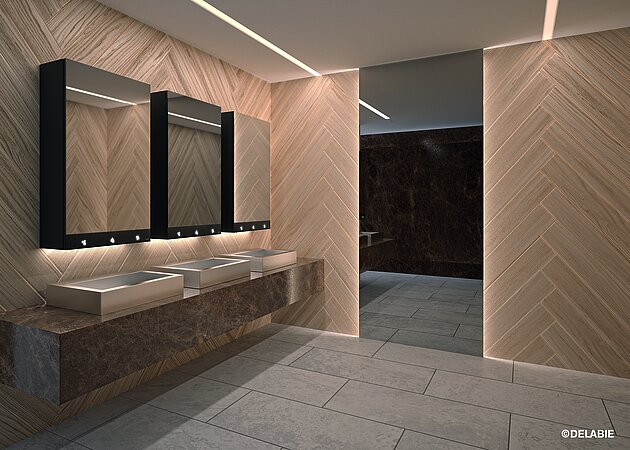 DELABIE: Vereint ausgezeichnetes Design und Funktionalität – die Waschplatz-Spiegelkombination 4 in 1