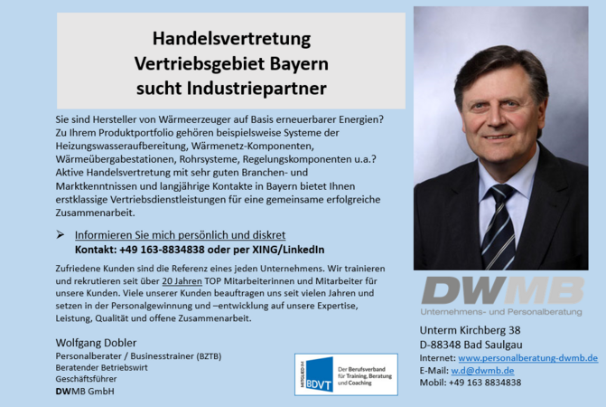 DWMB: Handelsvertretung Vertriebsgebiet Bayern sucht Industriepartner