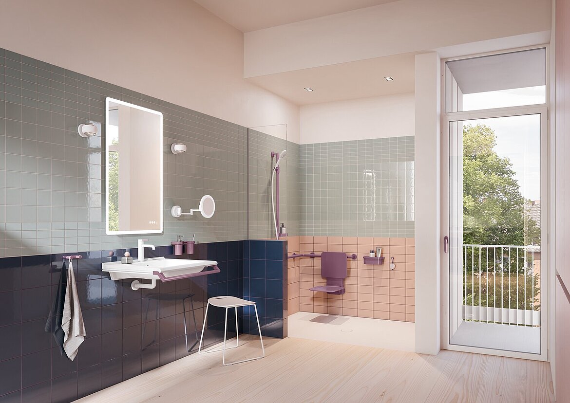 Im Wahlleistungsbereich schafft S 700 eine wohnliche Atmosphäre, die den Anforderungen moderner Pflege Rechnung trägt. Die Premiumfarbe Brombeere greift dabei den Ansatz der Healing Architecture auf. Bild: HEWI