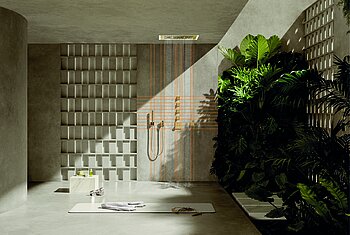 Der neue Planning Guide von Dornbracht bietet praktische Unterstützung – unter anderem mit Anwendungsbeispielen für die Installation der Erlebnisdusche Serenity Sky.   Copyright: Dornbracht