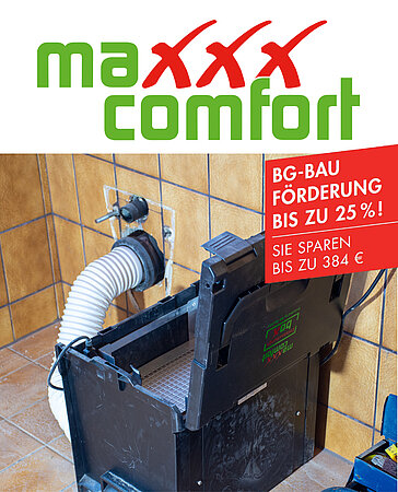 BG Bau fördert Maxxxcomfort Entstaubungsbox: Der erste Bau-Entstauber integriert in eine Sortimo L-BOXX inklusive cleverem Anschluss an WC-Abfluss!