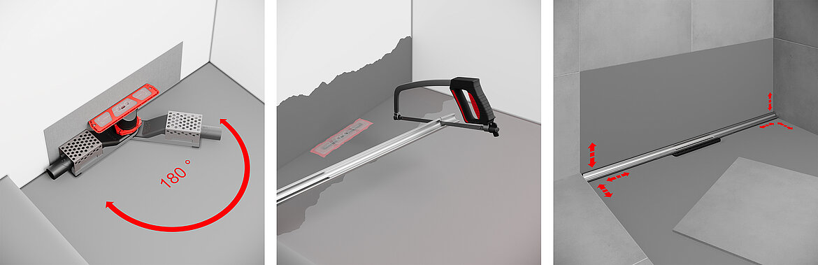 Das Edelstahlprofil ist in den Längen 110cm und 160cm erhältlich und nischenbündig kürzbar. Der Ablauf lässt sich beliebig ausrichten, unabhängig vom Anschlusspunkt der Abwasserleitung, sodass der Anschluss an die Abwasserleitung problemlos und ohne komplexe Formteile erfolgen kann. Bildquelle: TECE GmbH