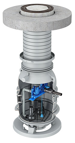 Die Fertigpumpstation ACO Muli-Max duo (zwei Pumpen) in der Ausführung Belastungsklasse D 400. Bildquelle: ACO Haustechnik