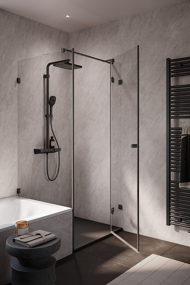 Das neue RenoDeco Dekor Naturstein, Greige mit seidenmatter Oberfläche überzeugt mit einer modernen und zugleich zeitlosen Anmutung. Bildnachweis: HSK Duschkabinenbau KG