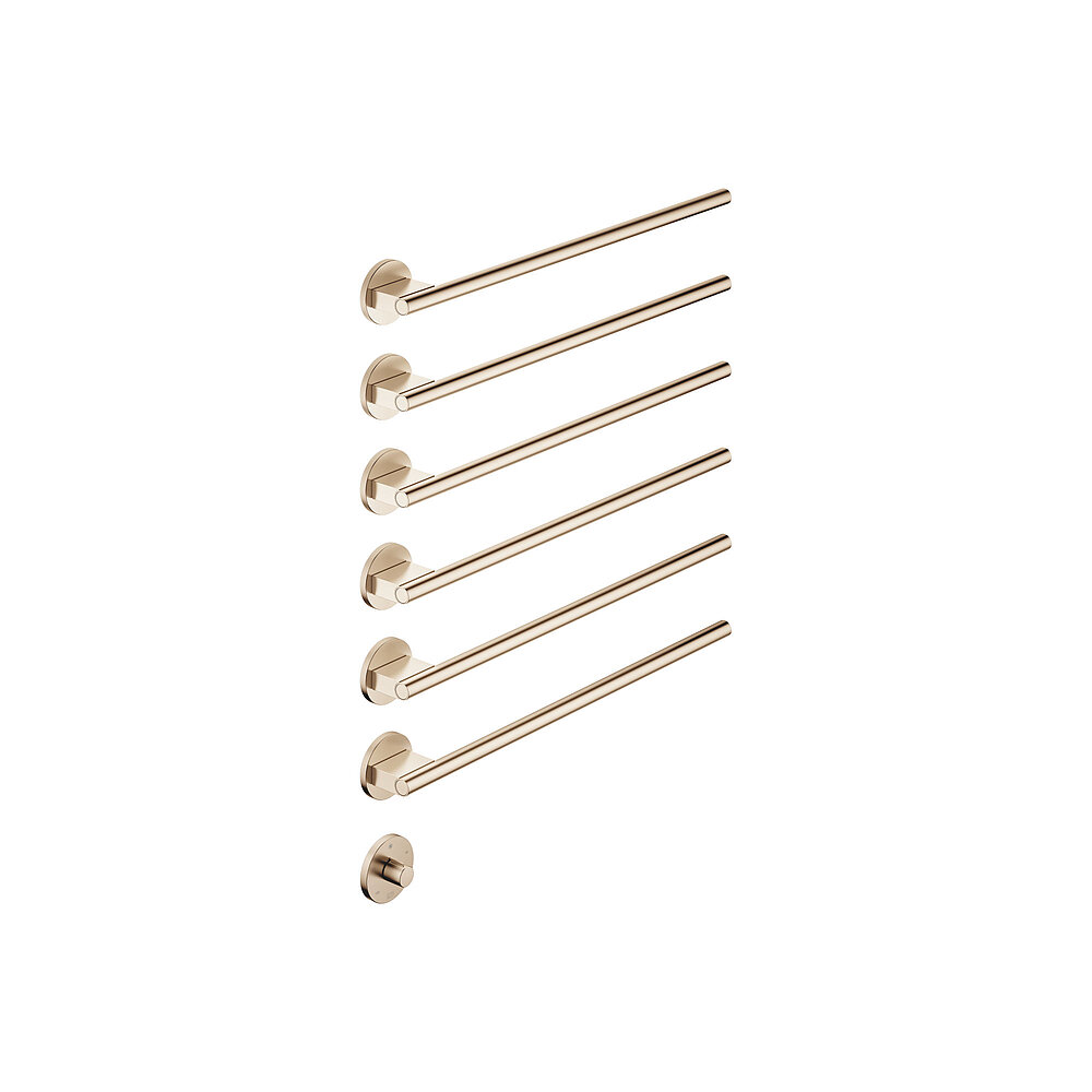 Handtuchwärmer in runder Ausführung mit sechs Heizstäben in Champagne gebürstet (22kt Gold), versehen mit einem Bedienelement im Dornbracht-Design. Die Handtuchwärmer wurden gemeinsam mit Zehnder entwickelt, einem Experten für Bad- und Design-Heizkörper. Produktdesign: Sieger Design Copyright: Dornbracht