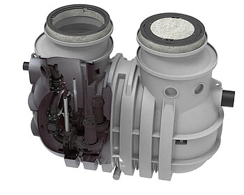 ACO Powerlift-P-H ist eine Großpumpstation aus Polyethylen für große Abwasser- und Regenwassermengen, auch in Kombination mit dem Fettabscheider LipuMax-P-H. Der Powerlift-P-H Behälter hat ein Volumen von 2090 l, mit einem Nutzvolumen von 1790 l. Bildquelle: ACO Haustechnik