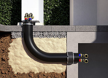 Das von Viega angebotene Wärmepumpenanschlussrohr für die Erdverlegung ist ausgesprochen praxisgerecht: hochflexibel, werksseitig halogenfrei gedämmt und durch die Farbgebung der medienführenden PE-Rohre zugleich ohne Verwechslungsrisiko von Vorlauf und Rücklauf. (Foto: Viega)