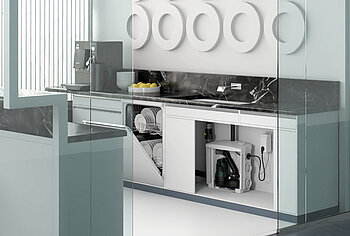 Die neue Schmutzwasserhebeanlage Hebefix Pro fördert hier das Schmutzwasser aus einer Geschirrspülmaschine zur nächsten Sammelleitung. Bild:	 	Jung Pumpen GmbH, Steinhagen