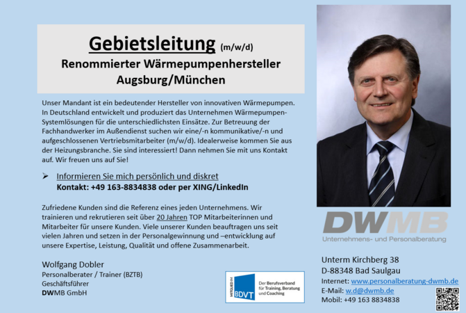 DWMB GmbH: Gebietsleitung (m/w/d) Renommierter Wärmepumpenhersteller Augsburg/München