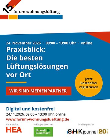 Digital und kostenfrei: Das 15. Forum Wohnungslüftung am 24. November 2026 von 09:00 bis 13:00 Uhr