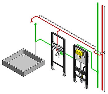 Variantenbeispiel einer BIM-Vorlage: WC-Spülkasten, Waschtisch und Dusche sind an einer Wand und links vom Steigestrang platziert. Hygienisch vorbildlich ist die in der Software automatisch generierte Leitungsführung für Trinkwasser kalt und die Warmwasserzirkulation. (Foto: Viega)