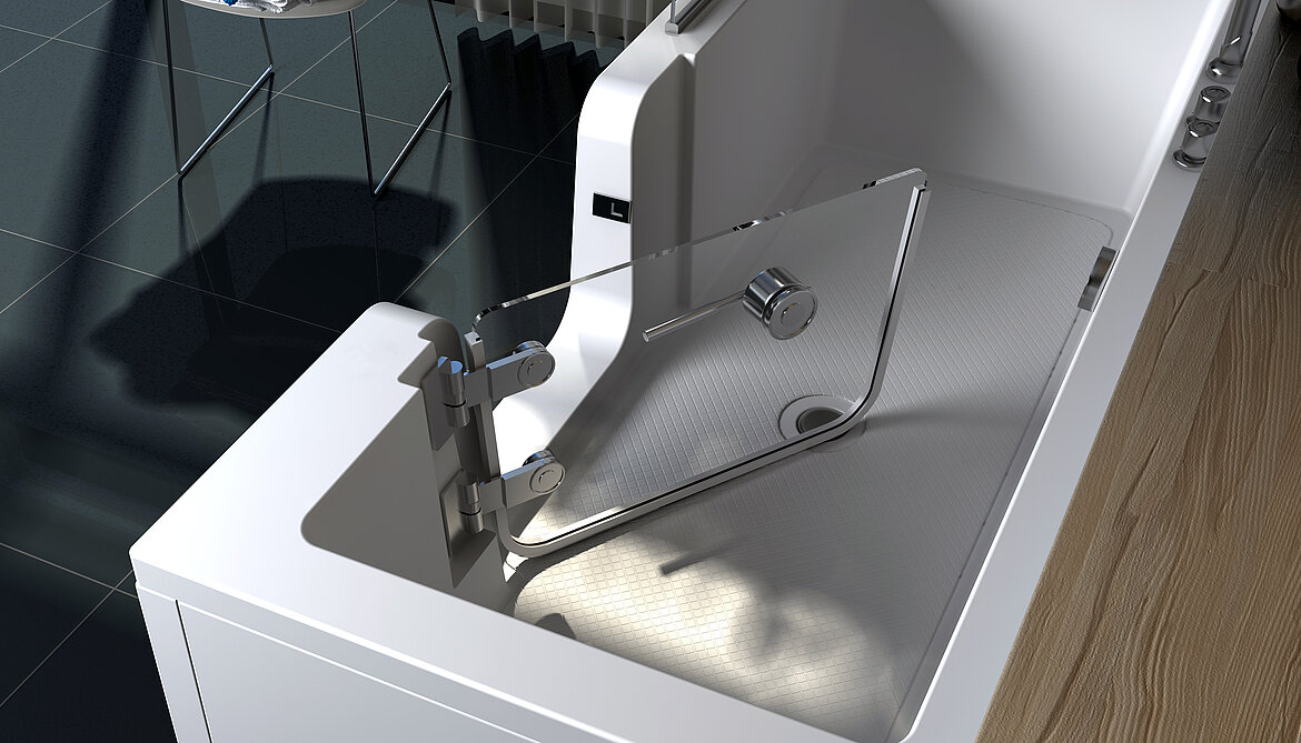 Badewanne Puerta mit Riffelboden und geöffneter Tür