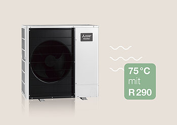 Auf Basis des natürlichen Kältemittels R290 (Propan) zielen die Ecodan Monoblock-Wärmepumpen mit Vorlauftemperaturen bis 75 C und Trinkwarmwasser bis 70 C auf kleine Bestandsimmobilien ab.  Abbildung: Mitsubishi Electric